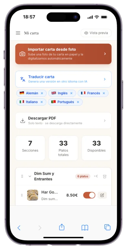 Bookarta digital menu dashboard — dish editor and AI import