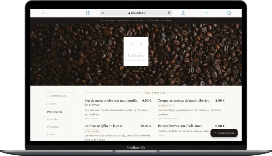 Casa Caturra online menu on laptop — bookarta.eu