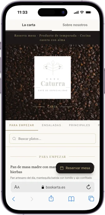Casa Caturra online menu on mobile — bookarta.eu